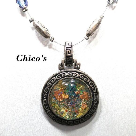 Chico's Glitter Pendant Necklace, Silver Crystal Beads Floating on Wire, 20 Inch - Picture 1 of 8